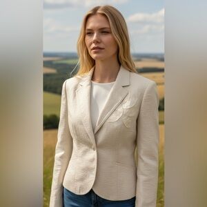 PEOPLE LIKE FRANK Anthropologie Blazer White Jacket Career Metallic Appliqué